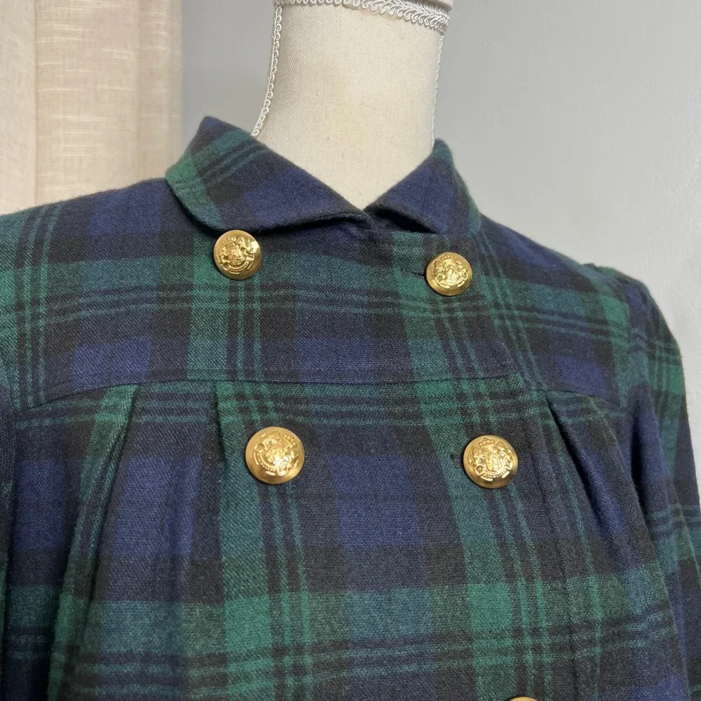 Y2K Vintage Betsey Johnson Plaid Wool Jacket 3/4 Sleeves Green USA Women's 6‎